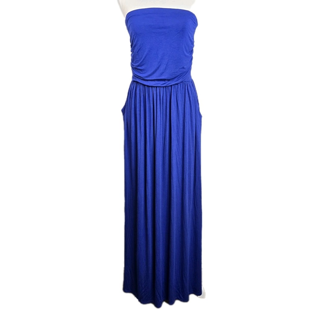 Rags & Couture Women's Strapless Ruched Maxi Dress with Pockets Blue Large